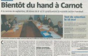 Une classe aménagée "Handball" au Collège Carnot..